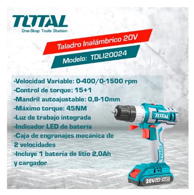 TOTAL TALADRO ATORNILLADOR BATERIA 10 MM 20 VOLT - Imagen 6